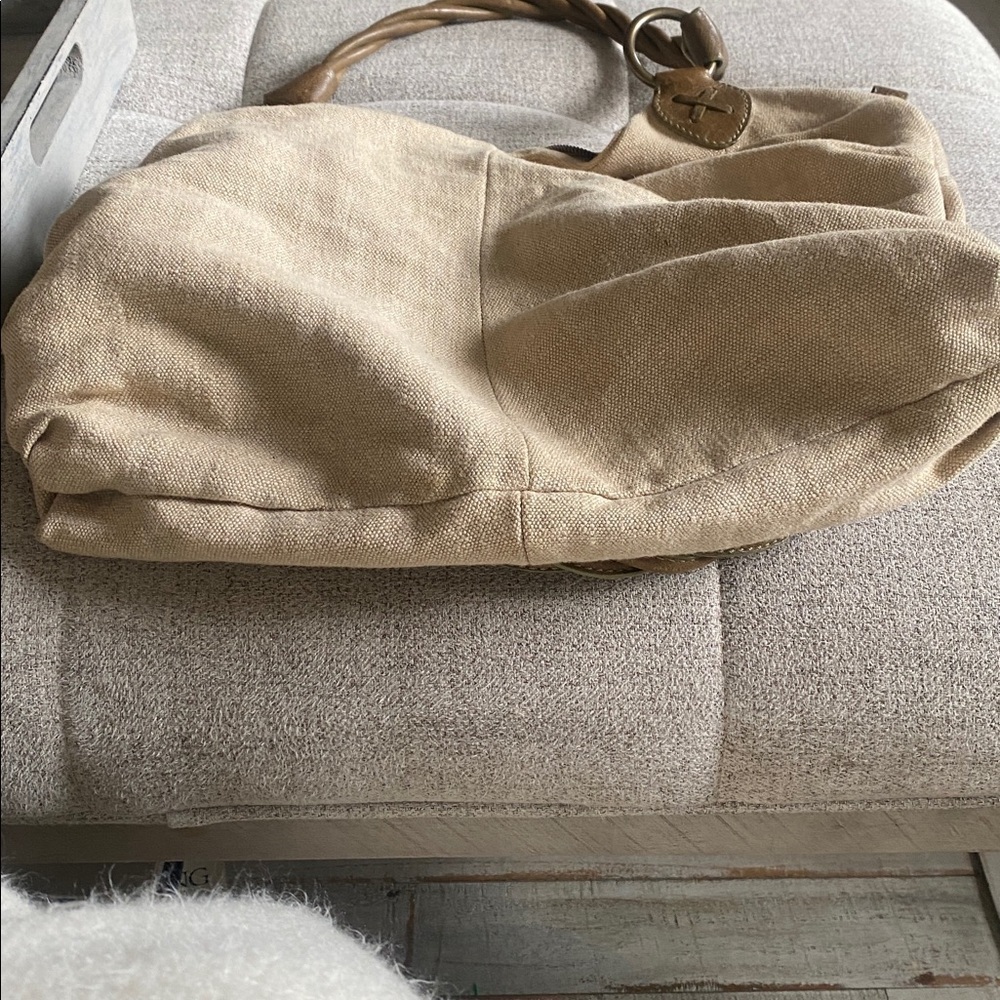 Via Spiga Beige Canvas & Brown Leather Braided-Handle Hobo Bag - Picture 12 of 14
